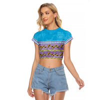 Hawaii Humuhumu Fish Maile Pikake Lei Raglan Cropped T Shirt Tribal Tapa Blue Version