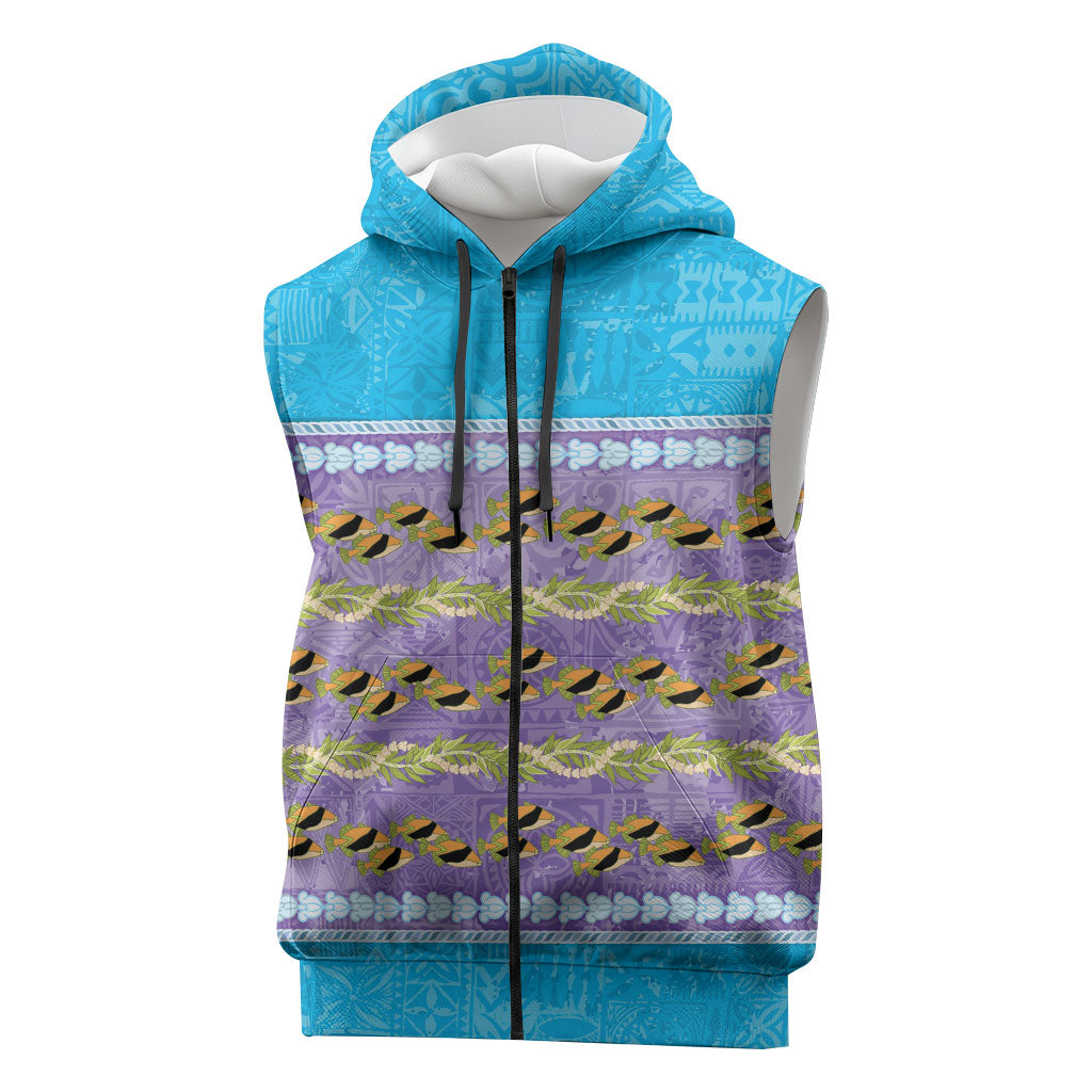 Hawaii Humuhumu Fish Maile Pikake Lei Sleeveless Zip Hoodie Tribal Tapa Blue Version LT05 Blue - Polynesian Pride