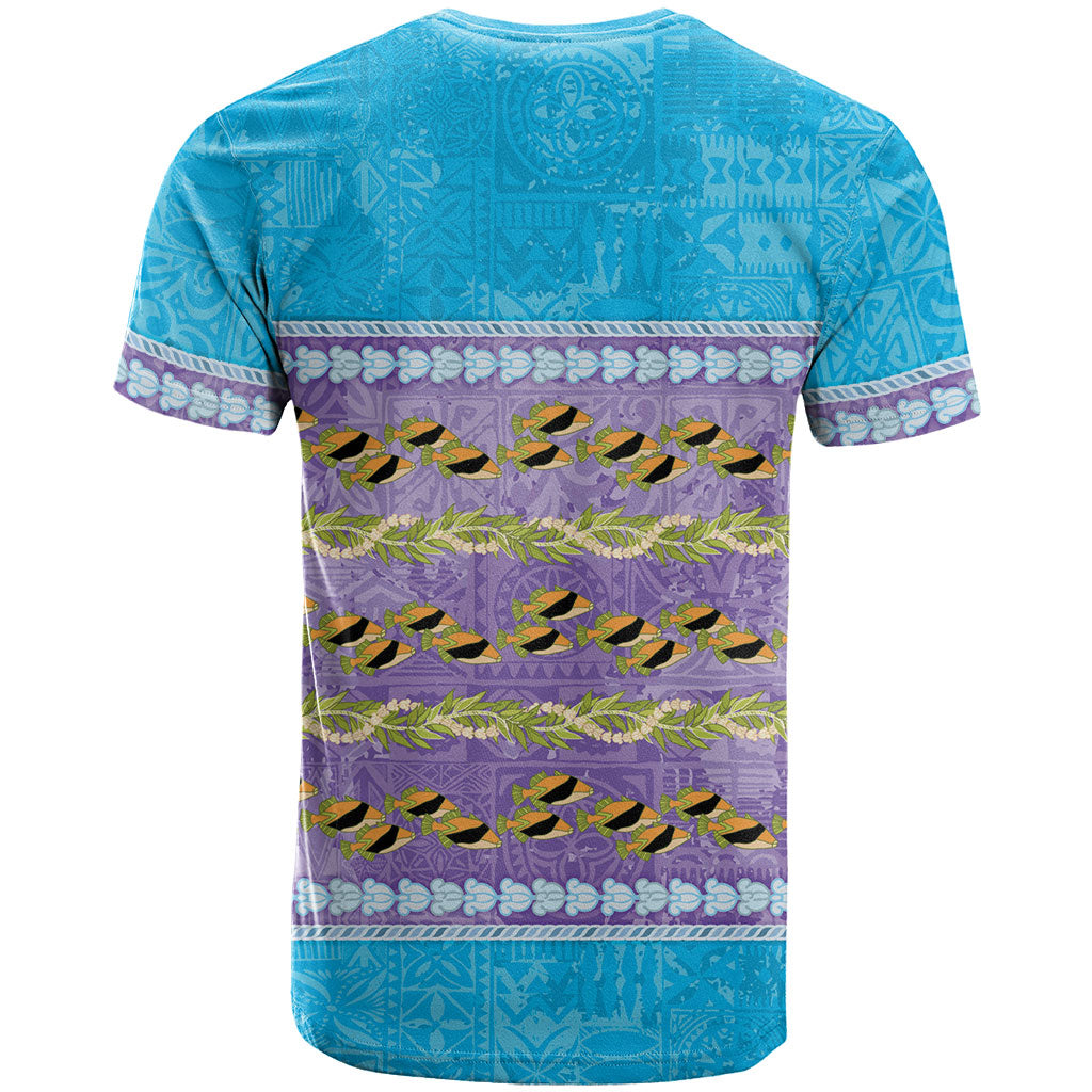 Hawaii Humuhumu Fish Maile Pikake Lei T Shirt Tribal Tapa Blue Version