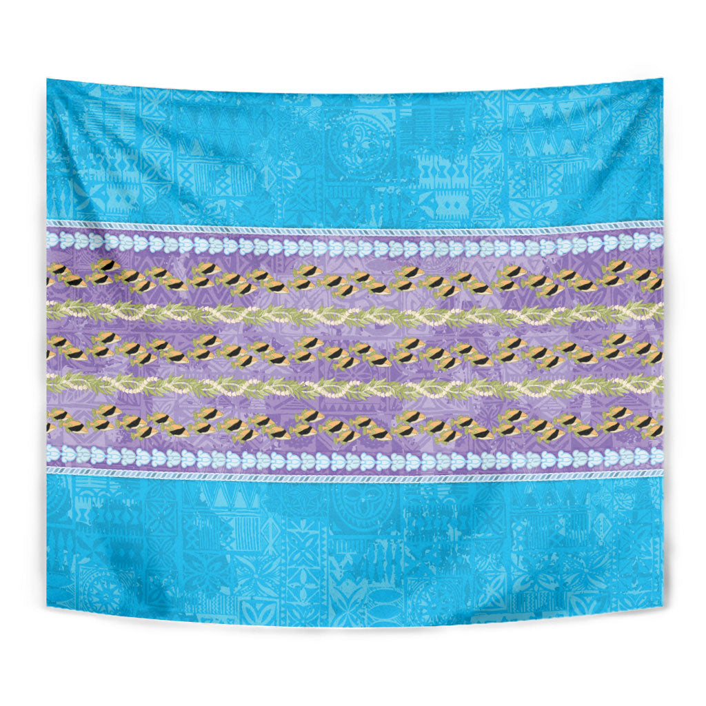 Hawaii Humuhumu Fish Maile Pikake Lei Tapestry Tribal Tapa Blue Version