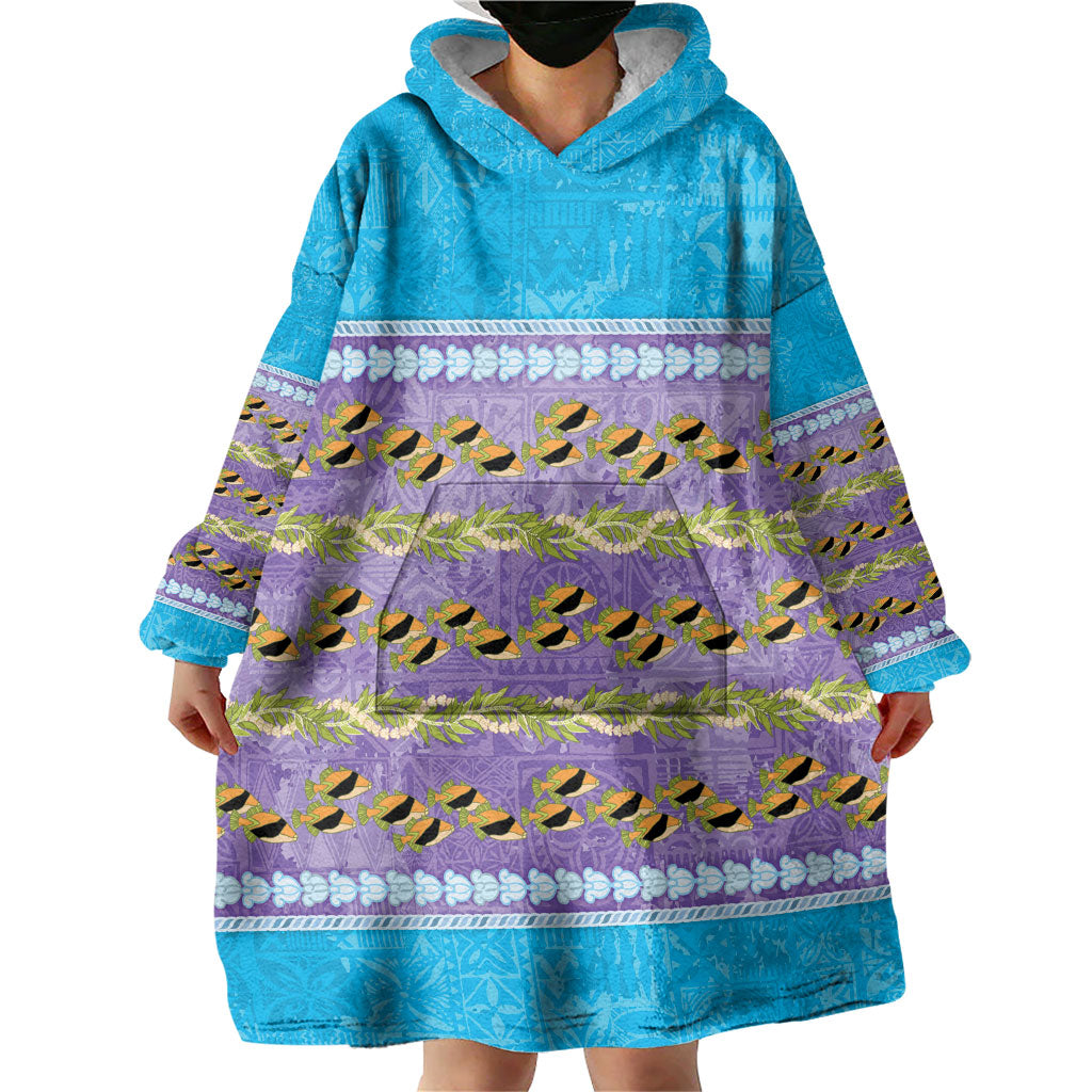 Hawaii Humuhumu Fish Maile Pikake Lei Wearable Blanket Hoodie Tribal Tapa Blue Version