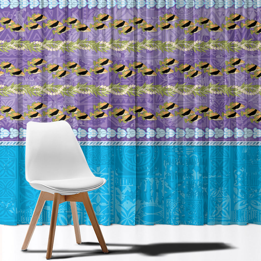 Hawaii Humuhumu Fish Maile Pikake Lei Window Curtain Tribal Tapa Blue Version