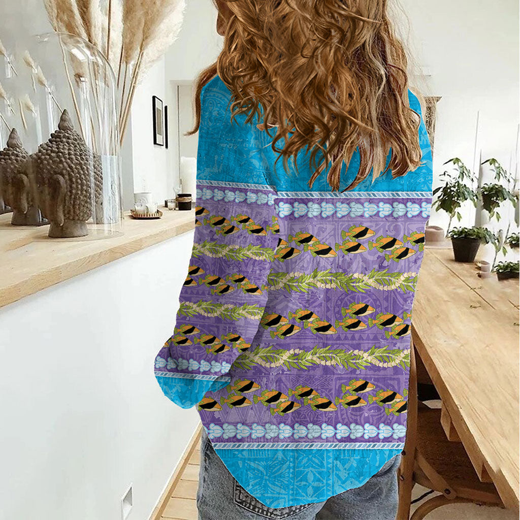 Hawaii Humuhumu Fish Maile Pikake Lei Women Casual Shirt Tribal Tapa Blue Version