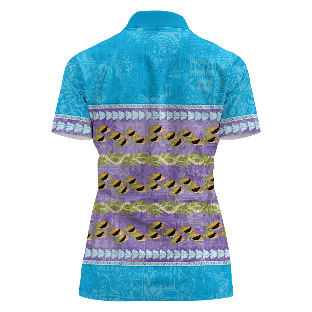 Hawaii Humuhumu Fish Maile Pikake Lei Women Polo Shirt Tribal Tapa Blue Version