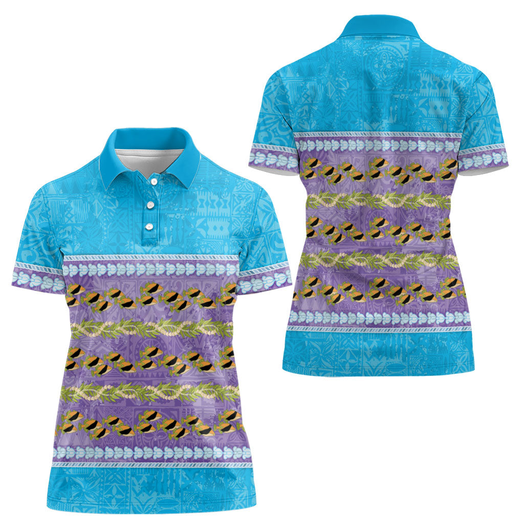 Hawaii Humuhumu Fish Maile Pikake Lei Women Polo Shirt Tribal Tapa Blue Version
