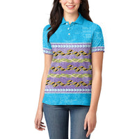 Hawaii Humuhumu Fish Maile Pikake Lei Women Polo Shirt Tribal Tapa Blue Version