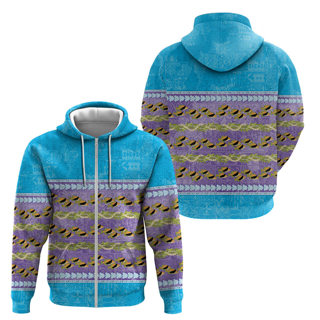 Hawaii Humuhumu Fish Maile Pikake Lei Zip Hoodie Tribal Tapa Blue Version
