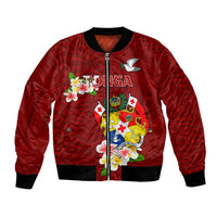 Personalized Tonga Bomber Jacket Coat Of Arms Plumeria With Ngatu Pattern LT05 Unisex Red - Polynesian Pride