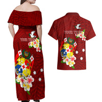 Personalized Tonga Couples Matching Off Shoulder Maxi Dress and Hawaiian Shirt Coat Of Arms Plumeria With Ngatu Pattern LT05 - Polynesian Pride