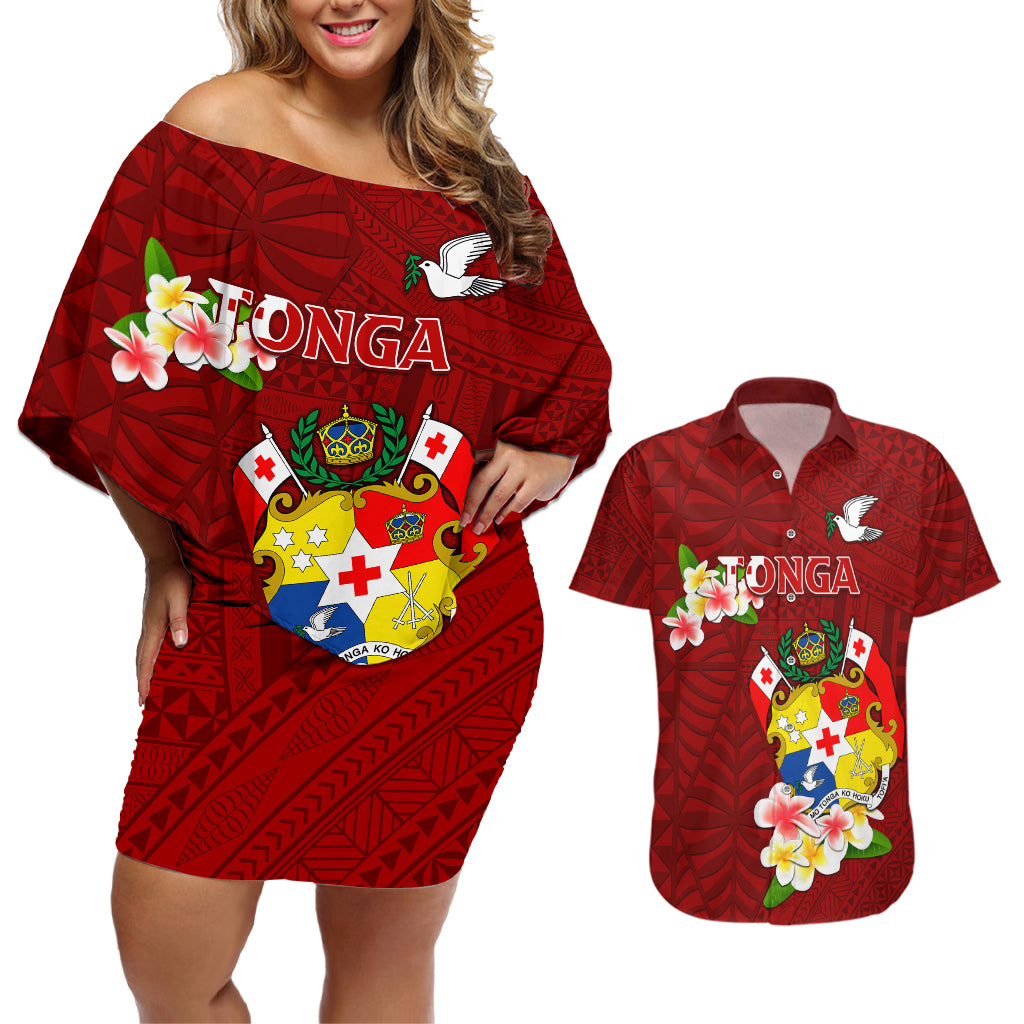 Personalized Tonga Couples Matching Off Shoulder Short Dress and Hawaiian Shirt Coat Of Arms Plumeria With Ngatu Pattern LT05 Red - Polynesian Pride