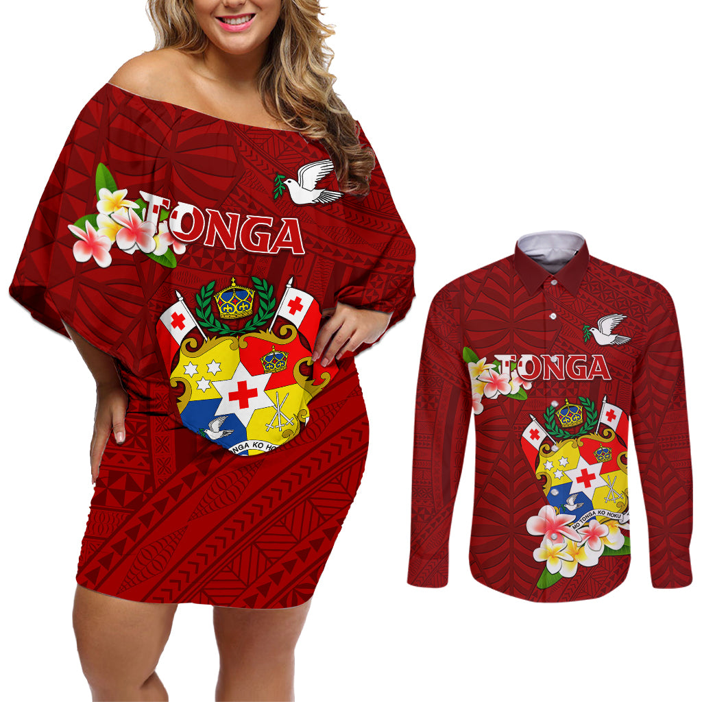 Personalized Tonga Couples Matching Off Shoulder Short Dress and Long Sleeve Button Shirts Coat Of Arms Plumeria With Ngatu Pattern LT05 Red - Polynesian Pride