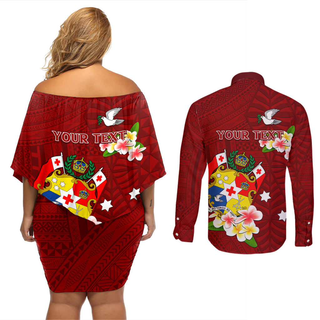 Personalized Tonga Couples Matching Off Shoulder Short Dress and Long Sleeve Button Shirts Coat Of Arms Plumeria With Ngatu Pattern LT05 - Polynesian Pride
