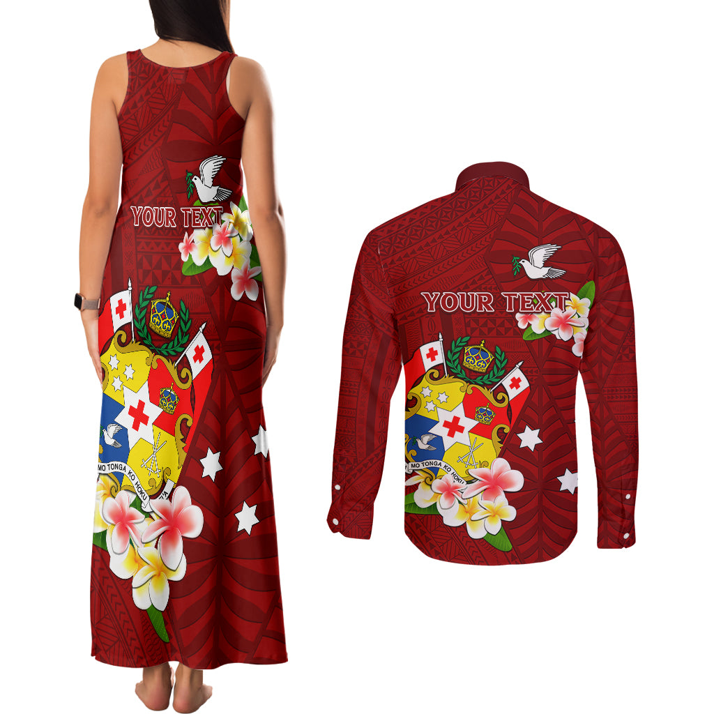Personalized Tonga Couples Matching Tank Maxi Dress and Long Sleeve Button Shirts Coat Of Arms Plumeria With Ngatu Pattern LT05 - Polynesian Pride