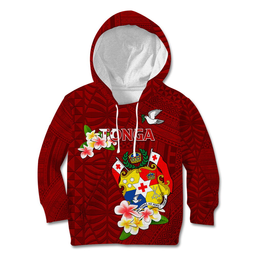 Personalized Tonga Kid Hoodie Coat Of Arms Plumeria With Ngatu Pattern LT05 Hoodie Red - Polynesian Pride
