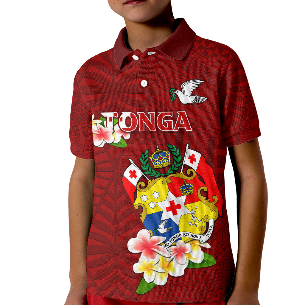 Personalized Tonga Kid Polo Shirt Coat Of Arms Plumeria With Ngatu Pattern LT05 Kid Red - Polynesian Pride