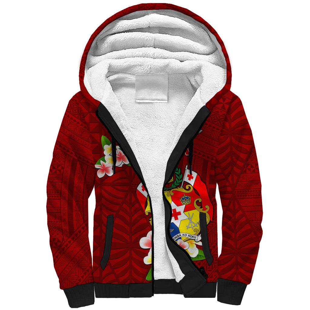 Personalized Tonga Sherpa Hoodie Coat Of Arms Plumeria With Ngatu Pattern LT05 Unisex Red - Polynesian Pride