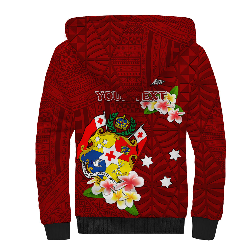 Personalized Tonga Sherpa Hoodie Coat Of Arms Plumeria With Ngatu Pattern LT05 - Polynesian Pride