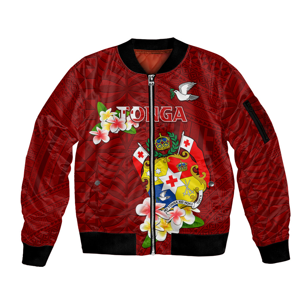 Personalized Tonga Sleeve Zip Bomber Jacket Coat Of Arms Plumeria With Ngatu Pattern LT05 Unisex Red - Polynesian Pride