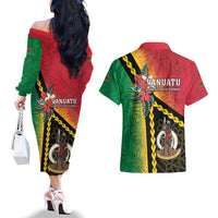 Happy Vanuatu Constitution Day Couples Matching Off The Shoulder Long Sleeve Dress and Hawaiian Shirt Flag Style With Sand Drawing Pattern