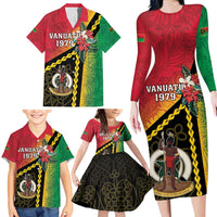 Happy Vanuatu Constitution Day Family Matching Long Sleeve Bodycon Dress and Hawaiian Shirt Flag Style With Sand Drawing Pattern LT05 - Polynesian Pride