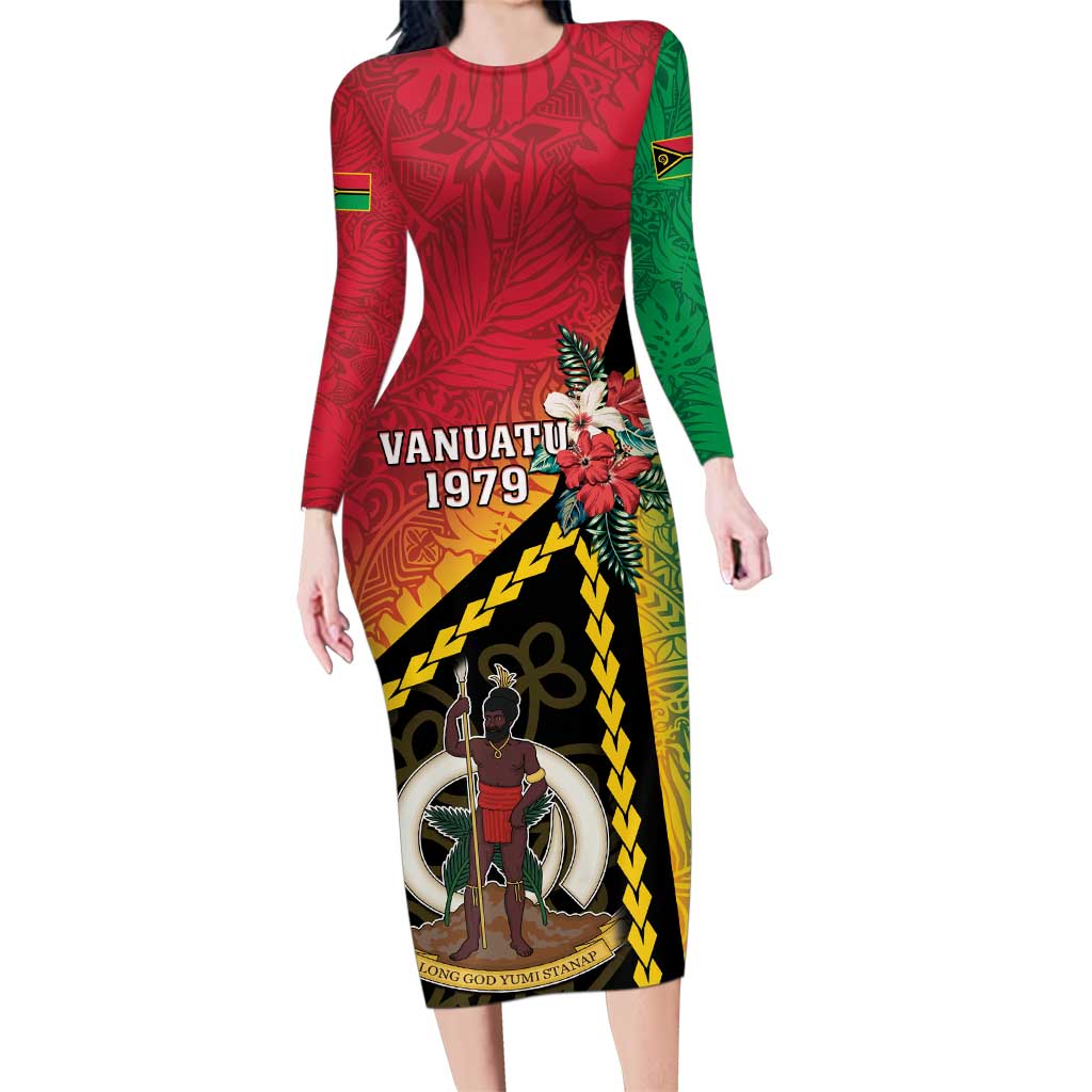 Happy Vanuatu Constitution Day Family Matching Long Sleeve Bodycon Dress and Hawaiian Shirt Flag Style With Sand Drawing Pattern LT05 Mom's Dress Red - Polynesian Pride