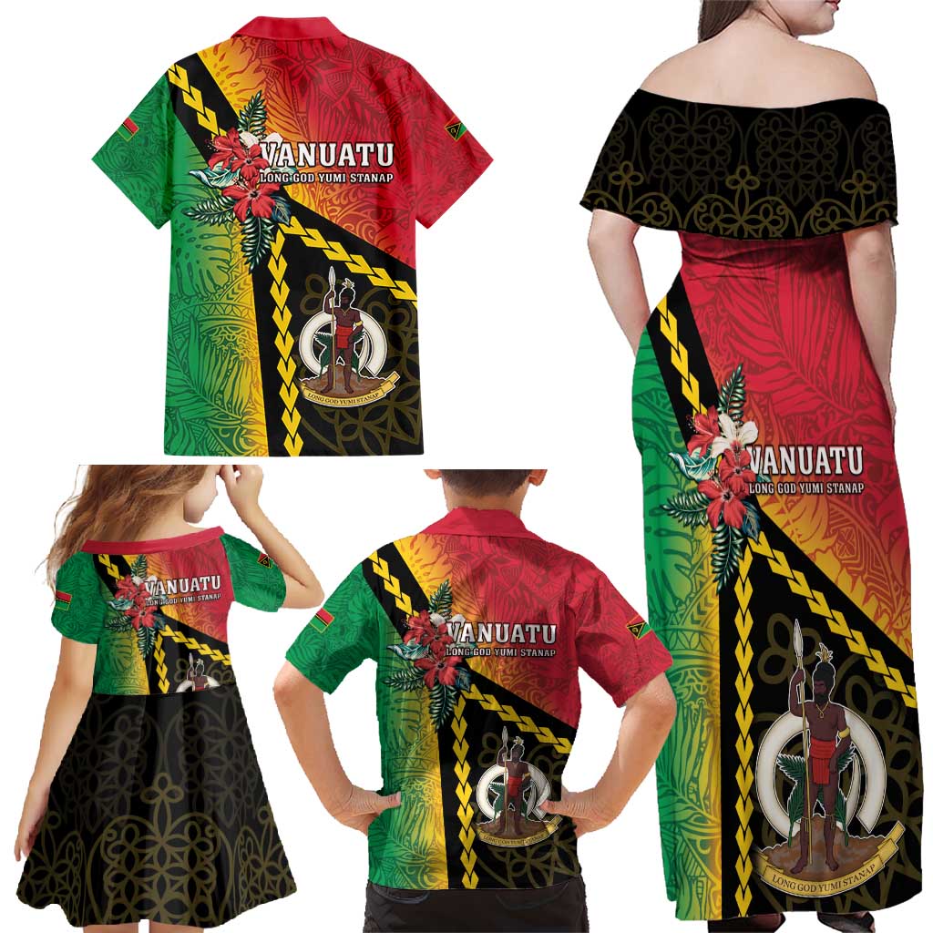 Happy Vanuatu Constitution Day Family Matching Off Shoulder Maxi Dress and Hawaiian Shirt Flag Style With Sand Drawing Pattern