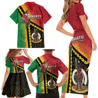 Happy Vanuatu Constitution Day Family Matching Short Sleeve Bodycon Dress and Hawaiian Shirt Flag Style With Sand Drawing Pattern