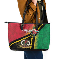 Happy Vanuatu Constitution Day Leather Tote Bag Flag Style With Sand Drawing Pattern
