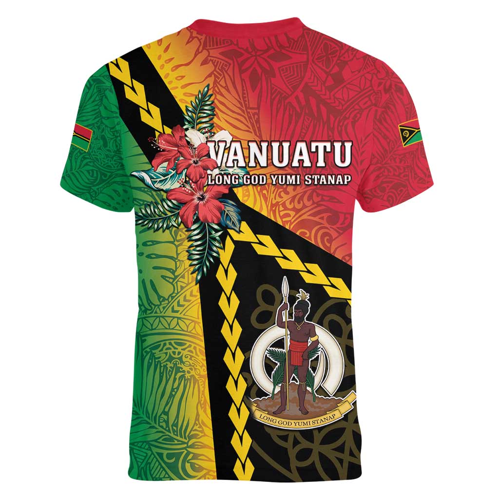 Happy Vanuatu Constitution Day Women V-Neck T-Shirt Flag Style With Sand Drawing Pattern LT05 - Polynesian Pride