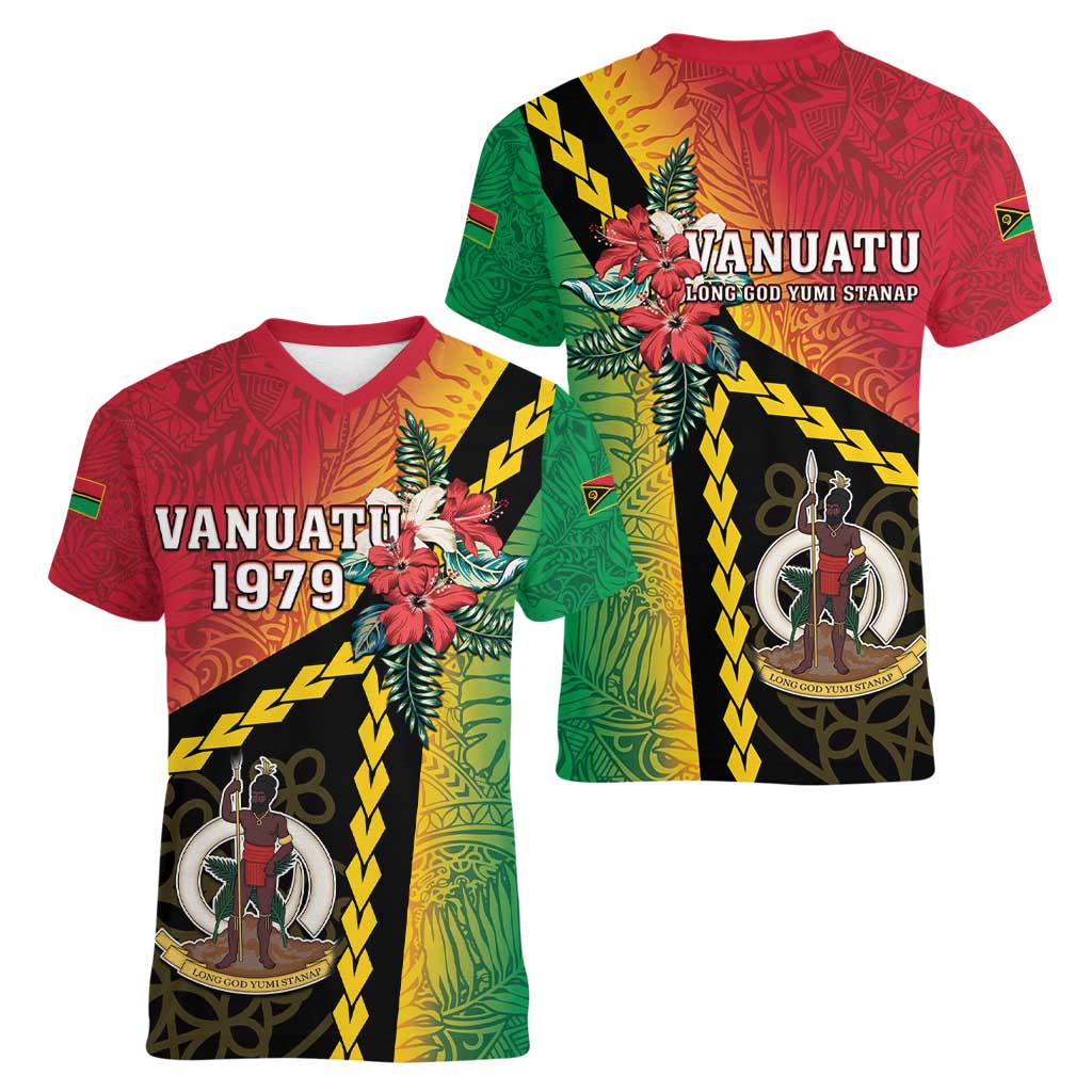 Happy Vanuatu Constitution Day Women V-Neck T-Shirt Flag Style With Sand Drawing Pattern LT05 - Polynesian Pride