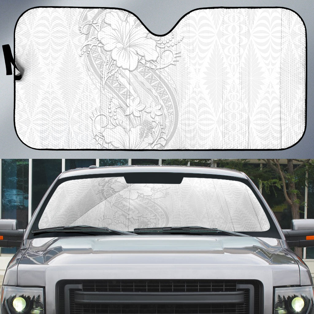 Tokelau White Sunday Auto Sun Shade Elegant Hibiscus Polynesian Tribal Pattern LT05 White - Polynesian Pride