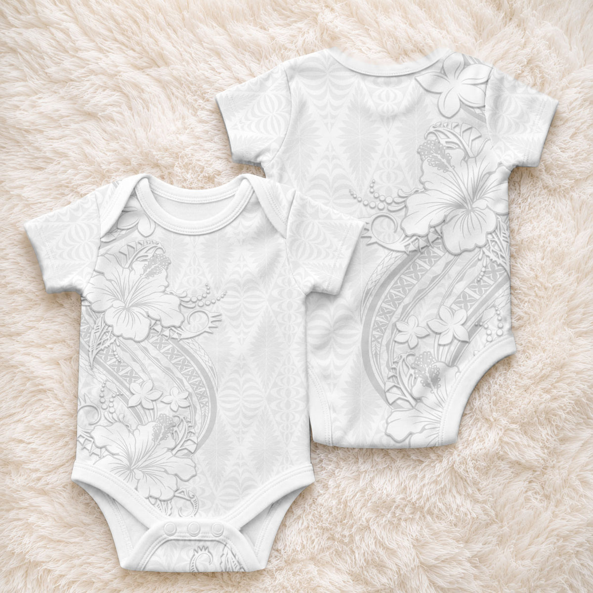 Tokelau White Sunday Baby Onesie Elegant Hibiscus Polynesian Tribal Pattern