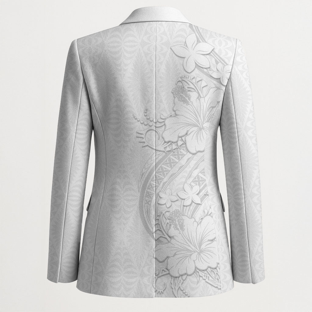 Tokelau White Sunday Blazer Elegant Hibiscus Polynesian Tribal Pattern