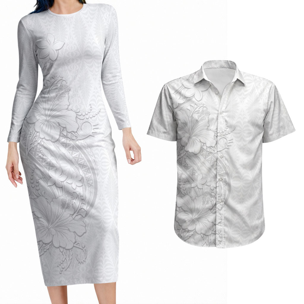 Tokelau White Sunday Couples Matching Long Sleeve Bodycon Dress and Hawaiian Shirt Elegant Hibiscus Polynesian Tribal Pattern LT05 White - Polynesian Pride