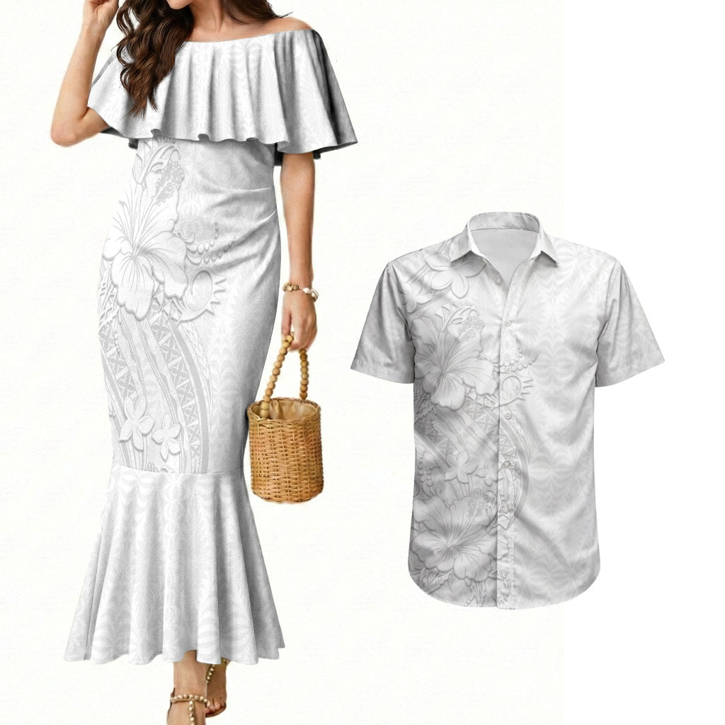Tokelau White Sunday Couples Matching Mermaid Dress and Hawaiian Shirt Elegant Hibiscus Polynesian Tribal Pattern LT05 White - Polynesian Pride