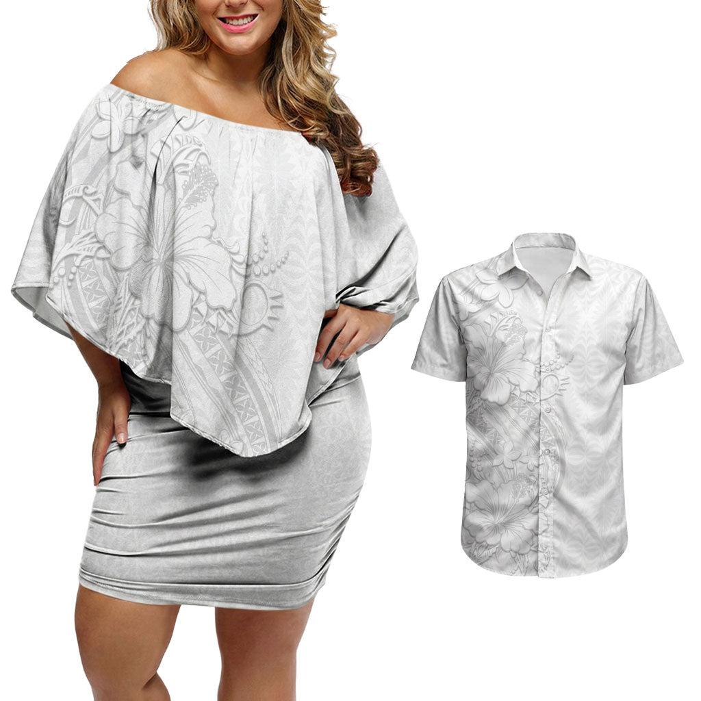 Tokelau White Sunday Couples Matching Off Shoulder Short Dress and Hawaiian Shirt Elegant Hibiscus Polynesian Tribal Pattern LT05 White - Polynesian Pride