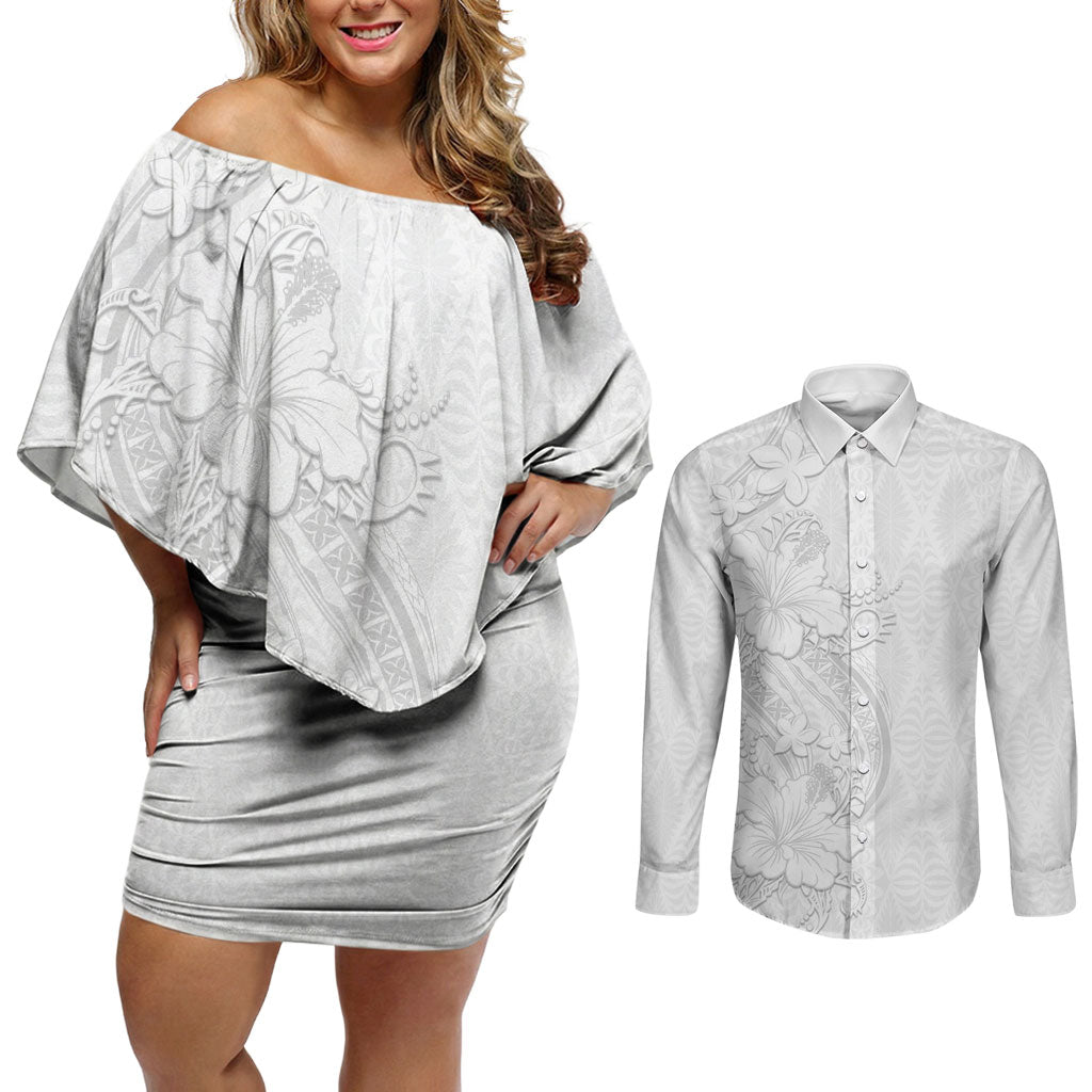 Tokelau White Sunday Couples Matching Off Shoulder Short Dress and Long Sleeve Button Shirt Elegant Hibiscus Polynesian Tribal Pattern LT05 White - Polynesian Pride
