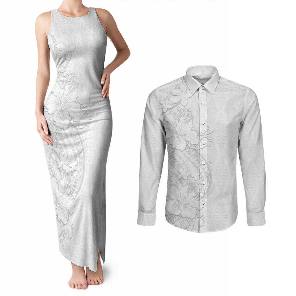 Tokelau White Sunday Couples Matching Tank Maxi Dress and Long Sleeve Button Shirt Elegant Hibiscus Polynesian Tribal Pattern LT05 White - Polynesian Pride