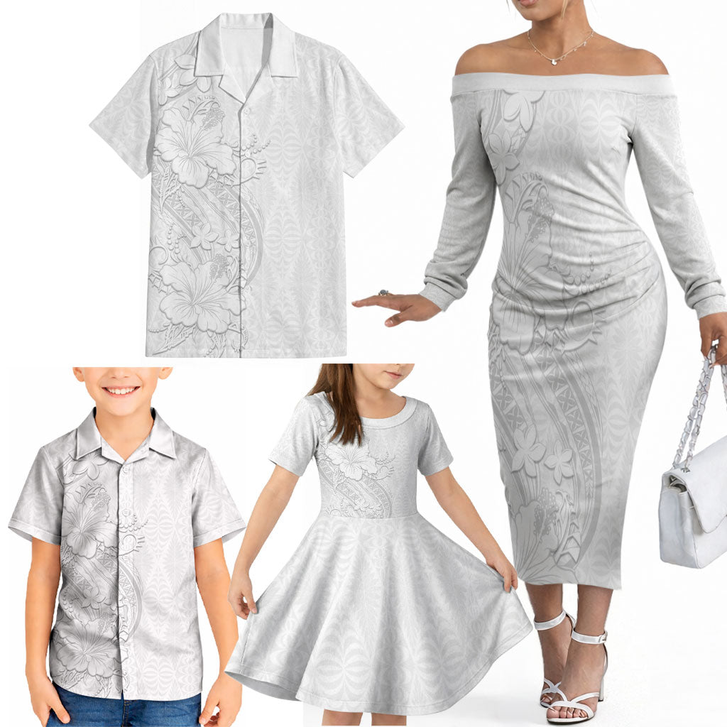 Tokelau White Sunday Family Matching Off The Shoulder Long Sleeve Dress and Hawaiian Shirt Elegant Hibiscus Polynesian Tribal Pattern LT05 - Polynesian Pride