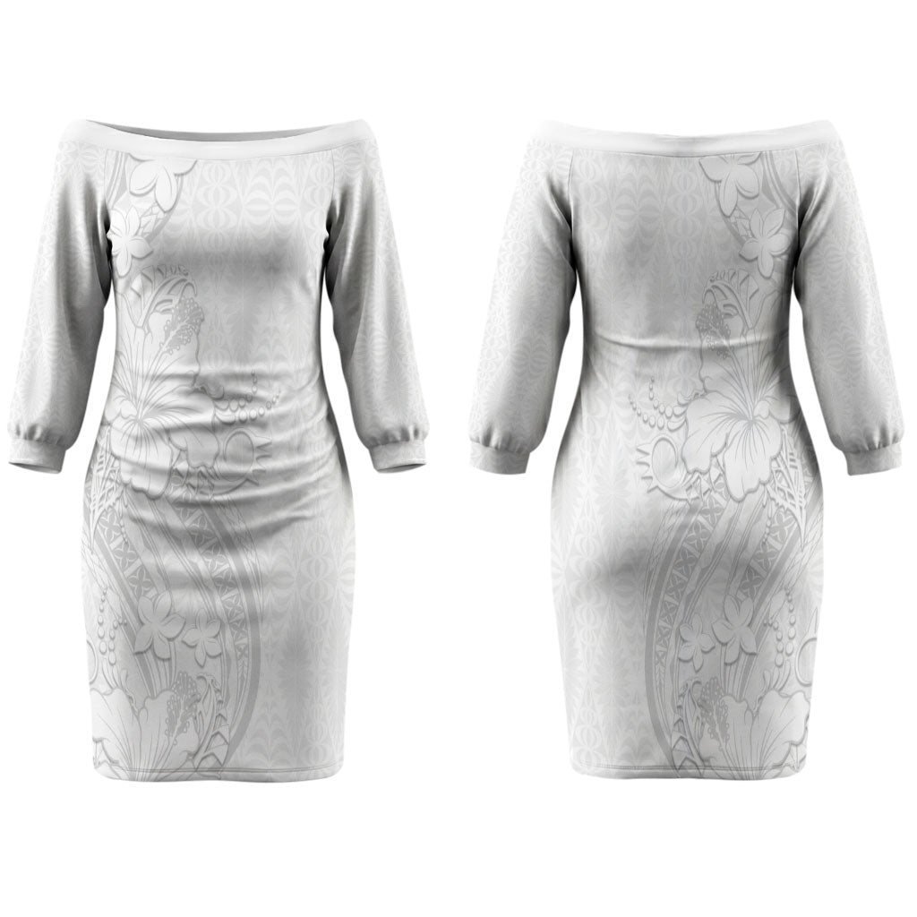 Tokelau White Sunday Family Matching Off The Shoulder Long Sleeve Dress and Hawaiian Shirt Elegant Hibiscus Polynesian Tribal Pattern LT05 Mom's Dress White - Polynesian Pride
