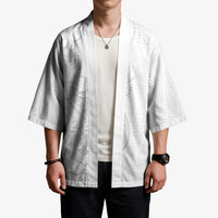 Tokelau White Sunday Kimono Elegant Hibiscus Polynesian Tribal Pattern