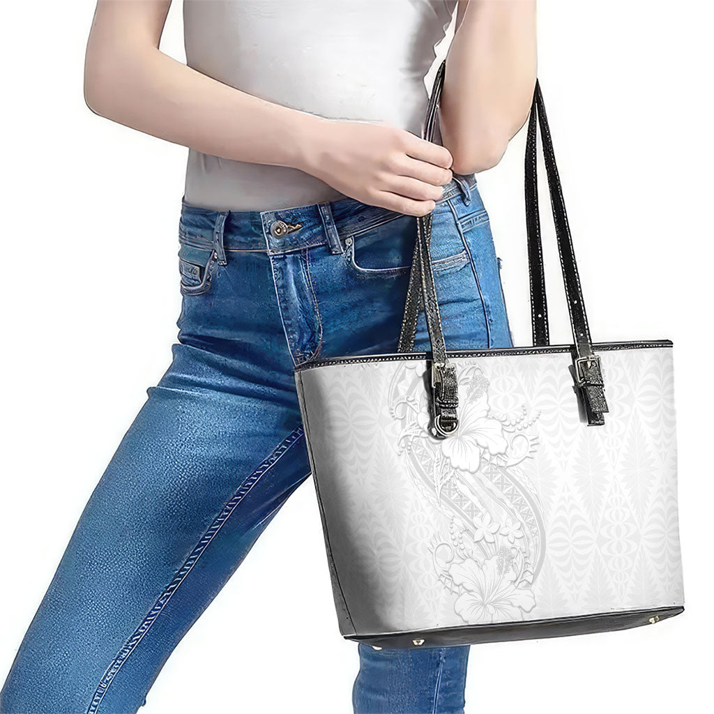 Tokelau White Sunday Leather Tote Bag Elegant Hibiscus Polynesian Tribal Pattern LT05 - Polynesian Pride