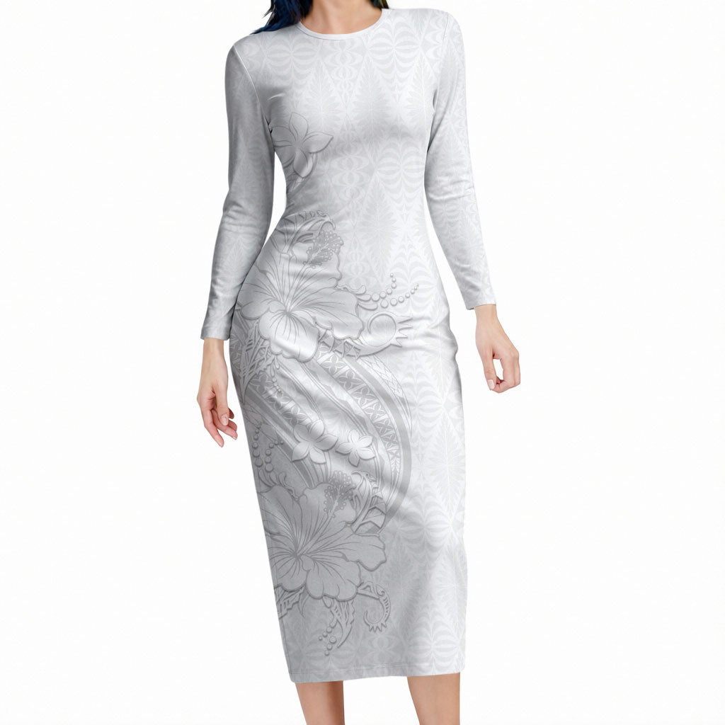 Tokelau White Sunday Long Sleeve Bodycon Dress Elegant Hibiscus Polynesian Tribal Pattern