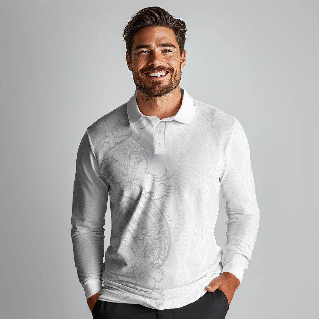 Tokelau White Sunday Long Sleeve Polo Shirt Elegant Hibiscus Polynesian Tribal Pattern LT05 - Polynesian Pride