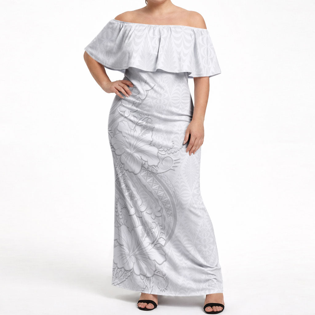 Tokelau White Sunday Off Shoulder Maxi Dress Elegant Hibiscus Polynesian Tribal Pattern LT05 Women White - Polynesian Pride