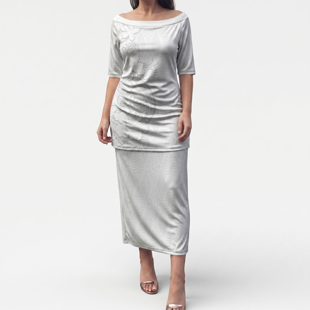 Tokelau White Sunday Puletasi Elegant Hibiscus Polynesian Tribal Pattern LT05 Long Dress White - Polynesian Pride