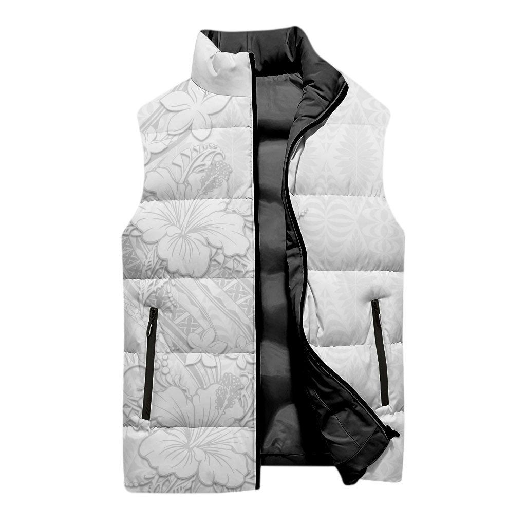 Tokelau White Sunday Sleeveless Puffer Jacket Elegant Hibiscus Polynesian Tribal Pattern LT05 - Polynesian Pride