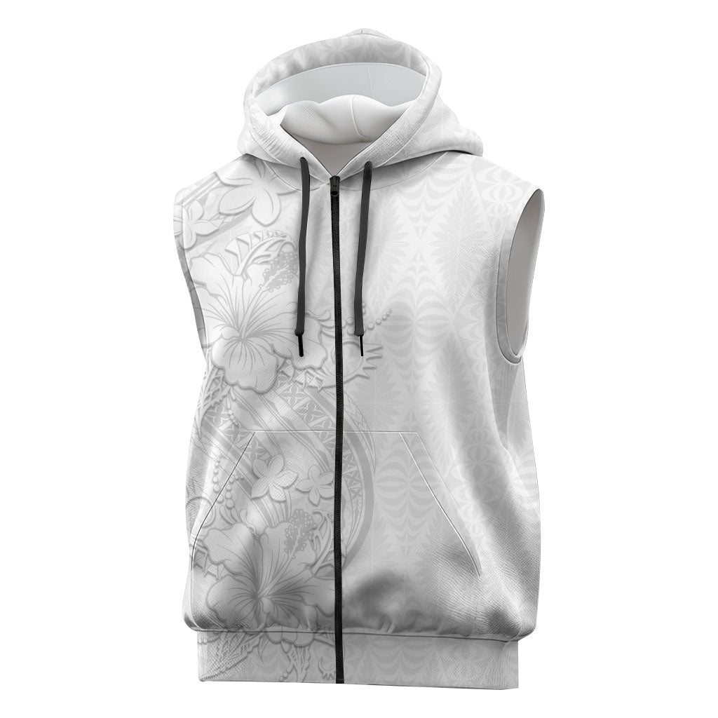Tokelau White Sunday Sleeveless Zip Hoodie Elegant Hibiscus Polynesian Tribal Pattern LT05 White - Polynesian Pride