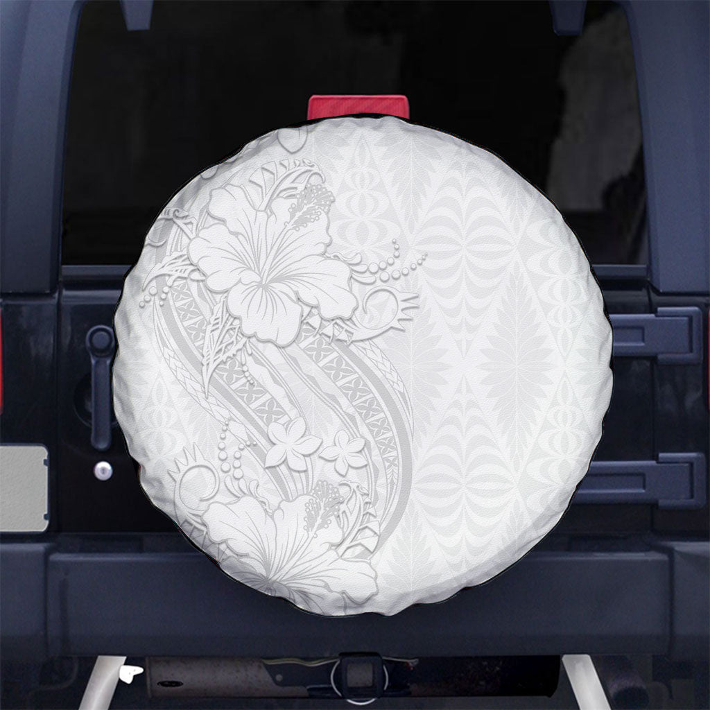 Tokelau White Sunday Spare Tire Cover Elegant Hibiscus Polynesian Tribal Pattern LT05 No hole White - Polynesian Pride