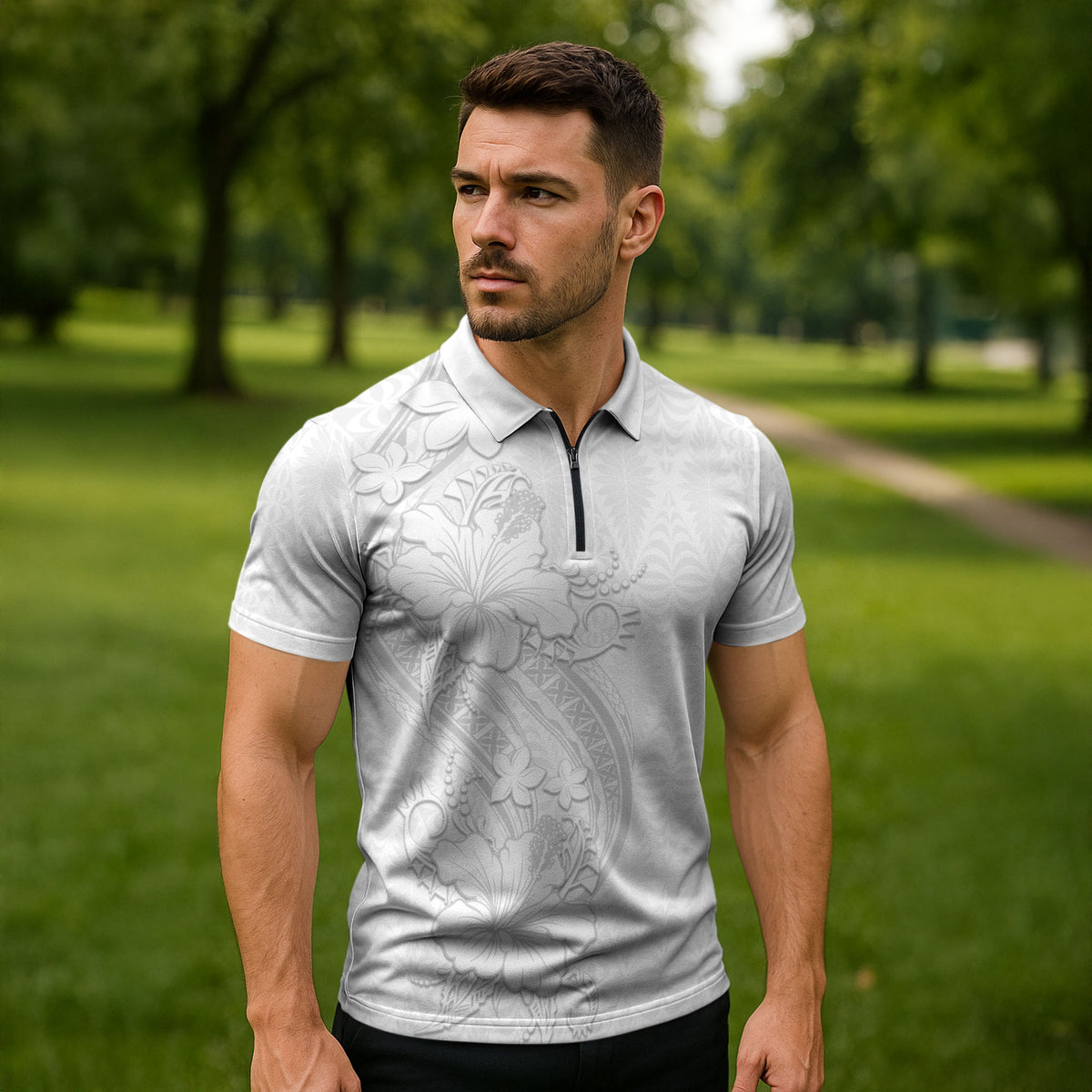 Tokelau White Sunday Zipper Polo Shirt Elegant Hibiscus Polynesian Tribal Pattern LT05 - Polynesian Pride